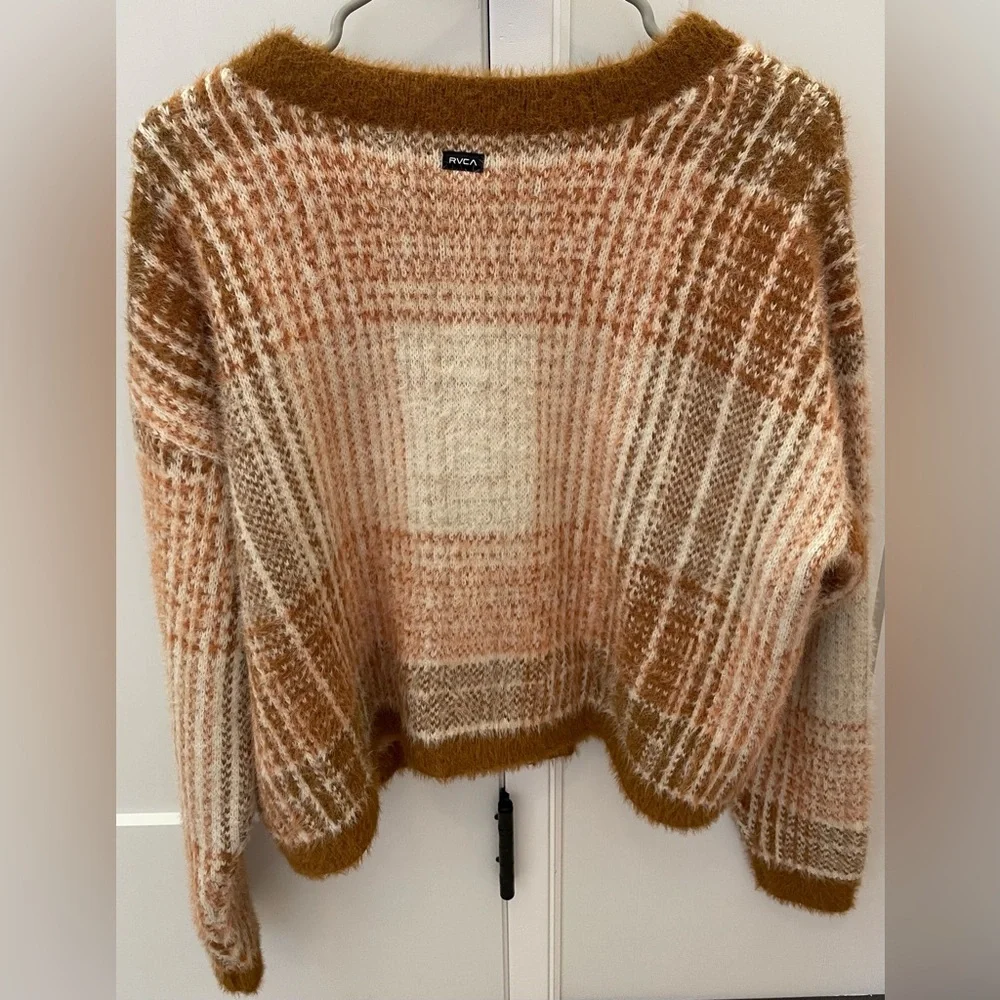 RVCA rare plaid v-neck cardigan women’s medium sweater brown tan cream unisex - Picture 4 of 10